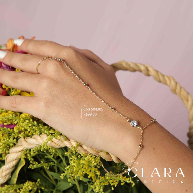 PULSEIRA HAND CHAIN MALHA SINGAPURA C/ BOLINHAS FIXAS E 1 TIFFANY REDONDA FIXA - 3MM - 17CM - PEÇA VENDIDA - Dourado