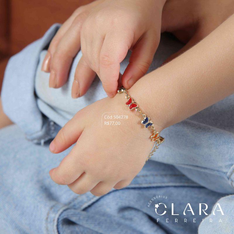 PULSEIRA INFANTIL C/ 7 TIFFANYS BORBOLETAS COLORIDAS SALADINHA  FIXAS - 6MM - 14CM - Dourado