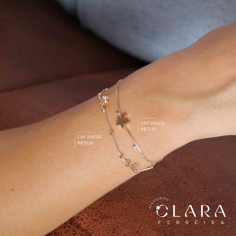 PULSEIRA VENEZIANA C/ 1 ESTRELA LISA 7MM E 2 ZIRCÔNIAS 2MM REDONDAS CAIXA FUNDIDA FIXAS - 17CM - Dourado