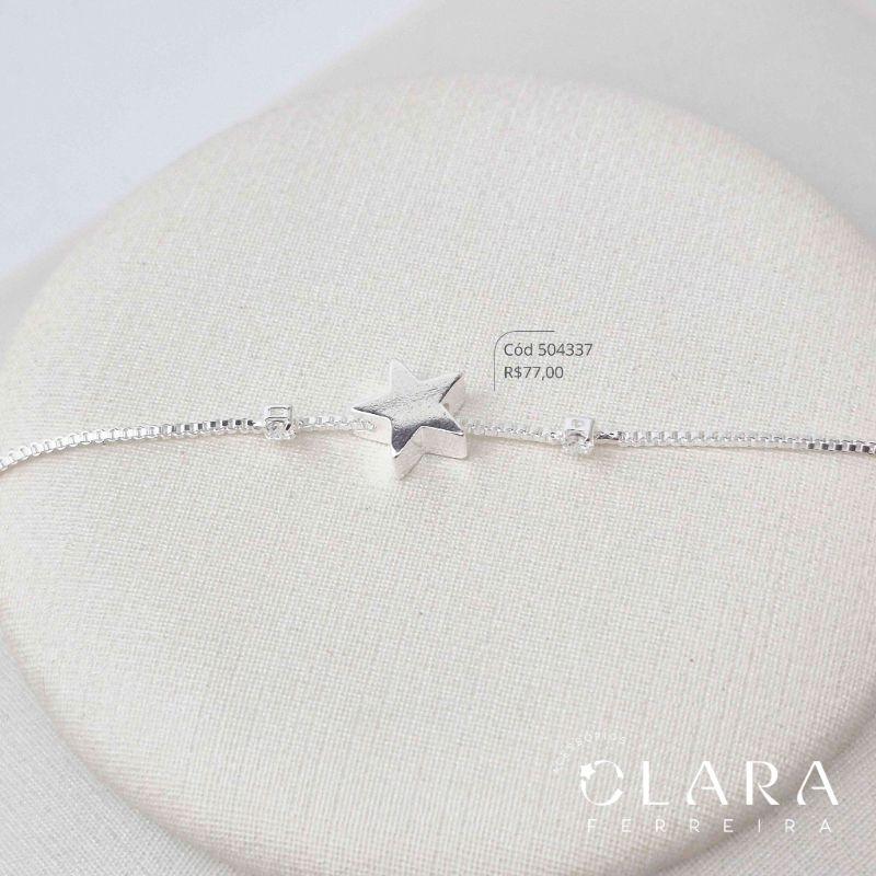 PULSEIRA VENEZIANA C/ 1 ESTRELA LISA 7MM E 2 ZIRCÔNIAS 2MM REDONDAS CAIXA FUNDIDA FIXAS - Banho de Prata