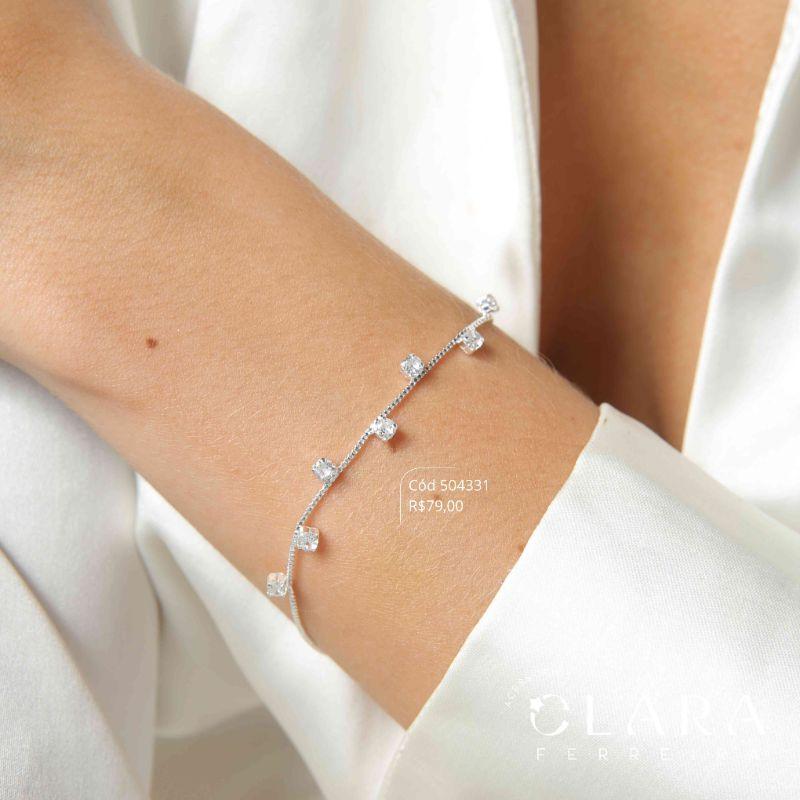 PULSEIRA VENEZIANA C/ 7 ZIRCÔNIAS REDONDAS 4MM CAIXA FUNDIDA FIXAS - 17CM - Banho de Prata