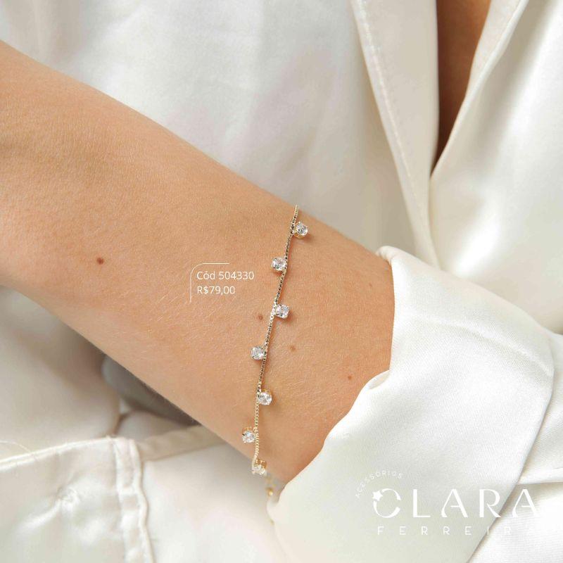 PULSEIRA VENEZIANA C/ 7 ZIRCÔNIAS REDONDAS 4MM CAIXA FUNDIDA FIXAS - 17CM - Dourado