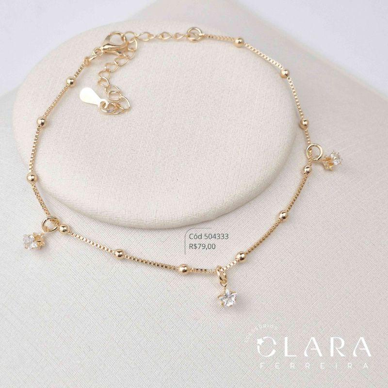 PULSEIRA VENEZIANA C/ BOLINHAS 2MM C/ 3 TIFFANYS ESTRELAS PENDURADAS - 17CM - Dourado