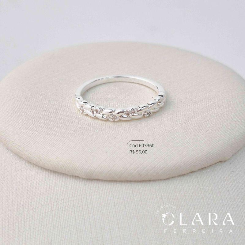 ANEL APARADOR RAMOS C/ 2 FILEIRAS DE FOLHAS LISAS E MICROZIRCÔNIAS INTERCALADAS - Banho de Prata