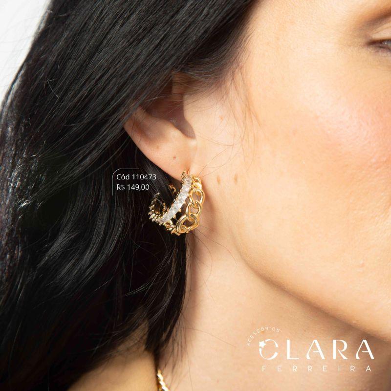 BRINCO ARGOLA 2 FIOS: 1 FIO ELOS GRUMET 1X1 LISOS E 1 FIO ZIRCÔNIAS QUADRADAS - 24MM - Dourado