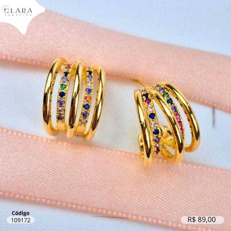 BRINCO ARGOLA 5 FIOS, 2 FIOS MENORES MICROZIRCONIAS E 3 FIOS MAIORES LISOS - 17MM - Dourado