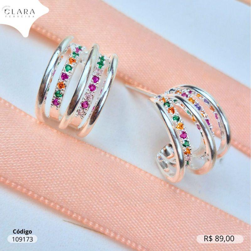 BRINCO ARGOLA 5 FIOS, 2 FIOS MENORES MICROZIRCONIAS E 3 FIOS MAIORES LISOS - Banho de Prata