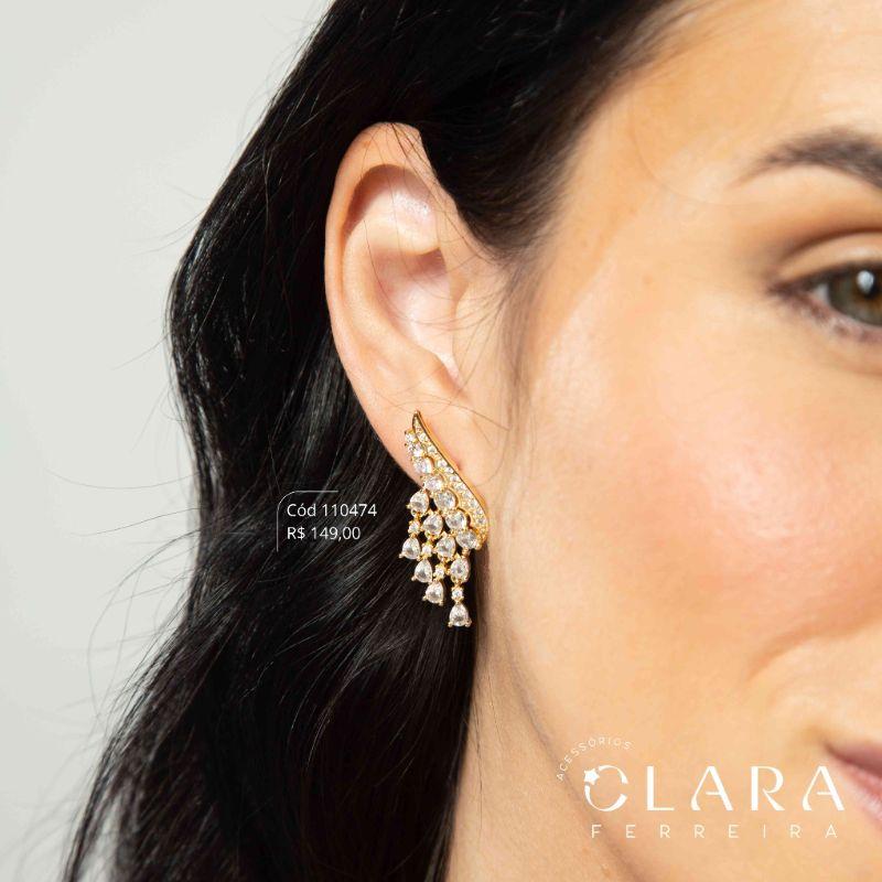 BRINCO ASAS C/ ZIRCÔNIAS REDONDAS E ZIRCÔNIAS GOTA - EDIÇÃO LIMITADA - 29MM - Dourado