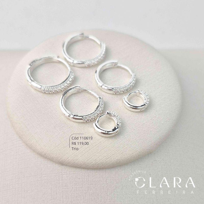 BRINCO KIT TRIO ARGOLINHA CLICK 1 FILEIRA MICROZIRCÔNIAS C/ BORDA JATEADA - 9, 14 E 16X2MM - Banho de Prata