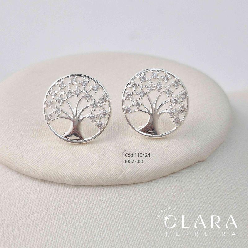 BRINCO MANDALA REDONDA VAZADA C/ARVORE DA VIDA FOLHAS MICROZIRCÔNIAS - 16MM - Banho de Prata