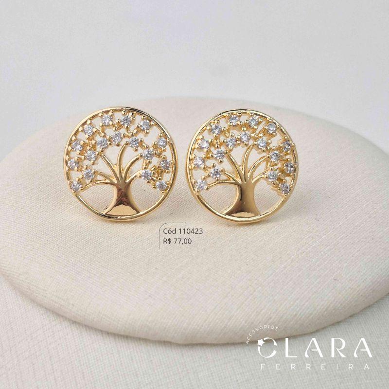 BRINCO MANDALA REDONDA VAZADA C/ARVORE DA VIDA FOLHAS MICROZIRCÔNIAS - 16MM - Dourado