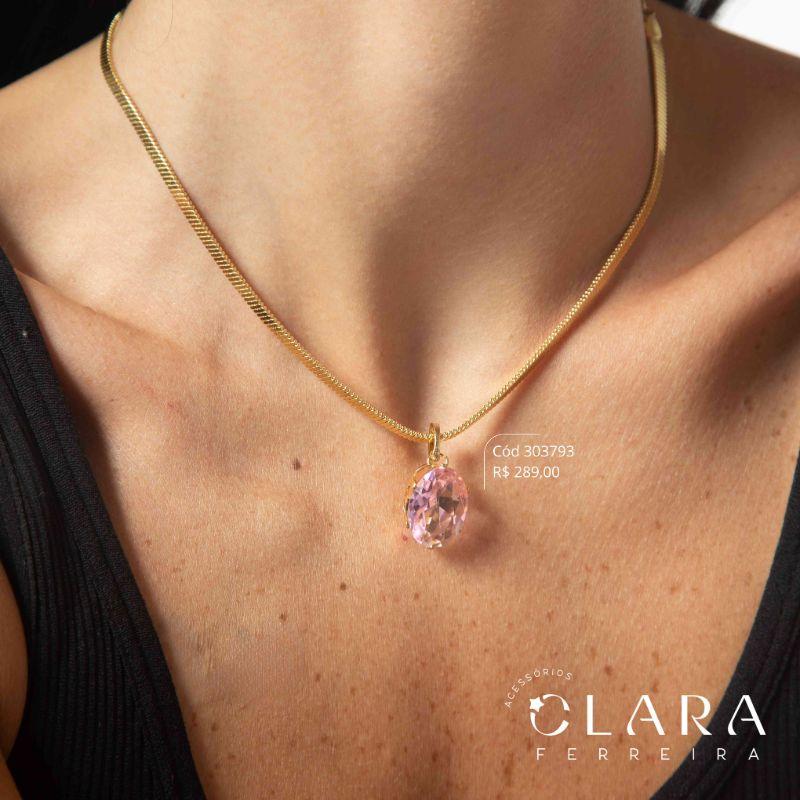 COLAR CHOKER FITA 4MM C/ PINGENTE ZIRCÔNIA OVAL 18MM C/ CONTRA ARGOLA MICROZIRCÔNIAS - 40CM - Dourado