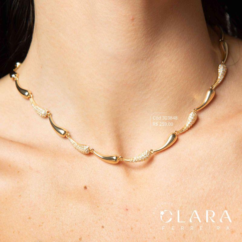 COLAR CHOKER GOTAS LISAS E MICROZIRCÔNIAS - INSPIRAÇÃO SWAROVSKI - LINHA FESTA - 6MM - 40CM - Dourado