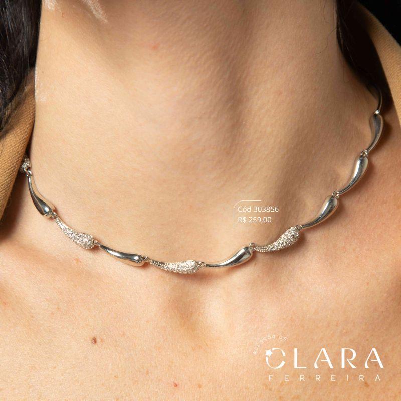 COLAR CHOKER GOTAS LISAS E MICROZIRCÔNIAS – INSPIRAÇÃO SWAROVSKI – LINHA FESTA - 6MM - 40CM - Ródio Branco