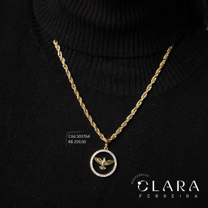 COLAR ELOS C/ MEIO CORDÃO BAIANO C/ PINGENTE MANDALA ESPIRITO SANTO LISO ADORNADO MICROZIRCÔNIAS - 25MM - 45CM - Dourado