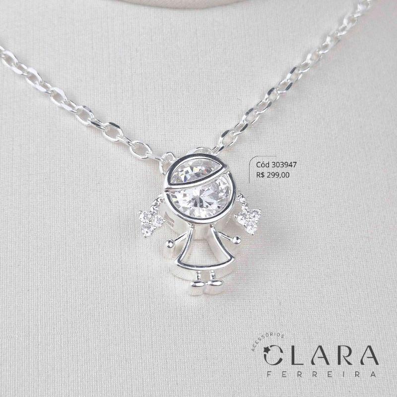 COLAR ELOS C/ PINGENTE MENINA VAZADA C/ ROSTO E CABELINHO ZIRCONIA - 23MM - 40CM - Banho de Prata