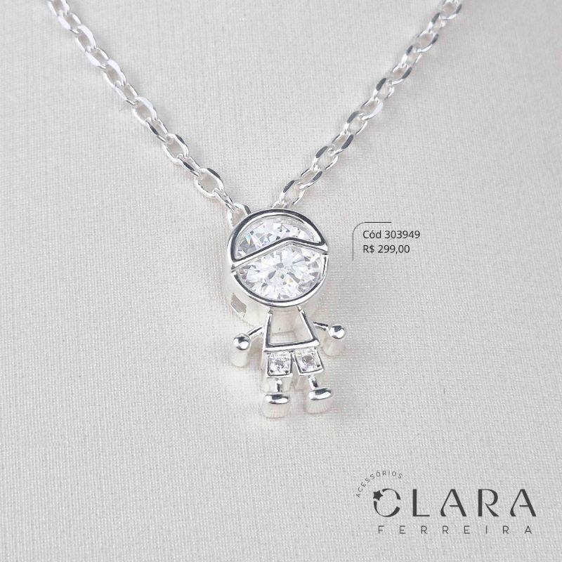 COLAR ELOS C/ PINGENTE MENINO VAZADO C/ ROSTO E ROUPINHA ZIRCONIA - 23MM - Banho de Prata