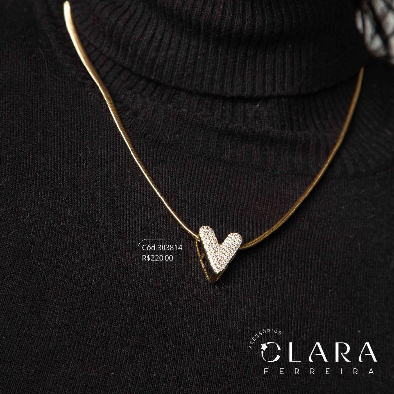 COLAR MALHA RABO DE RATO C/ PINGENTE CHUVEIRINHO CORAÇÃO MICROZIRCÔNIAS - PEÇA VENDIDA - 22MM - 45CM - Dourado