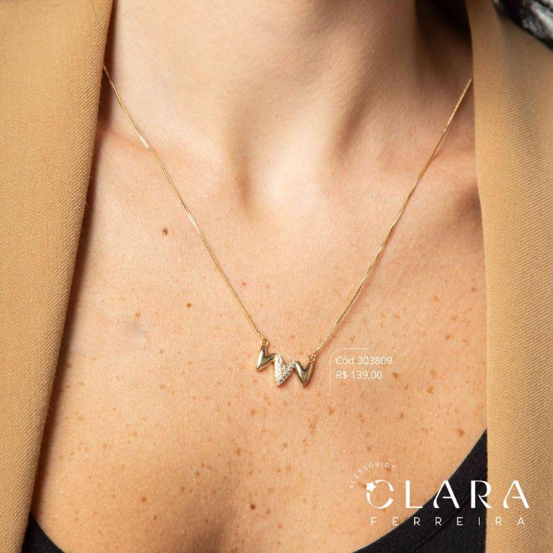 COLAR VENEZIANA C/ 3 CORAÇÕES: 2 LISOS 9MM E 1 MICROZIRCÔNIAS 10MM FIXOS - PEÇA VENDIDA - 45CM - Dourado