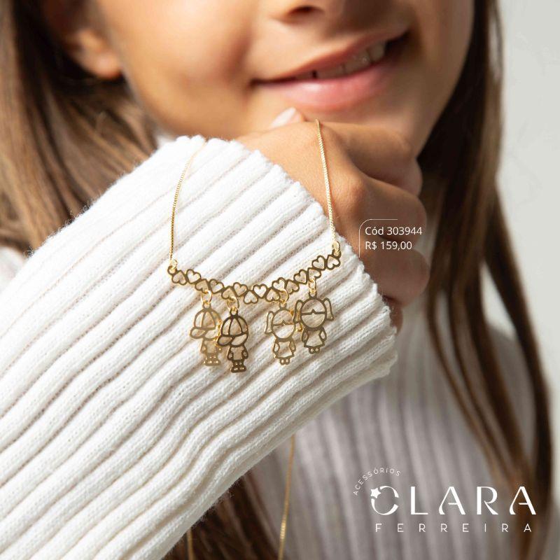 COLAR VENEZIANA C/ CANGA CORAÇÕES LISA C/ 2 MENINOS E 2 MENINAS VAZADOS LISOS - PEÇA EXCLUSIVA - 18MM - 45CM - Dourado