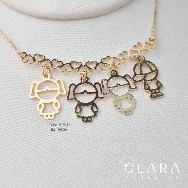 COLAR VENEZIANA C/ CANGA CORAÇÕES LISA C/ 3 MENINAS E 1 MENINO VAZADOS LISOS - PEÇA EXCLUSIVA - 18MM - 45CM - Dourado