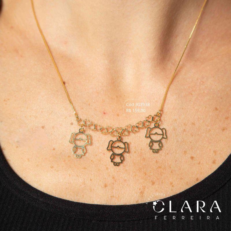COLAR VENEZIANA C/ CANGA CORAÇÕES LISA C/ 3 MENINAS VAZADAS LISAS - PEÇA EXCLUSIVA - 18MM - 45CM - Dourado