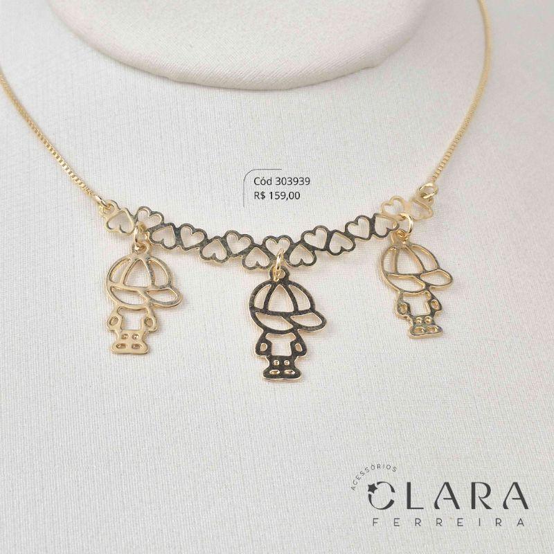 COLAR VENEZIANA C/ CANGA CORAÇÕES LISA C/ 3 MENINOS VAZADOS LISOS - PEÇA EXCLUSIVA - 18MM - 45CM - Dourado