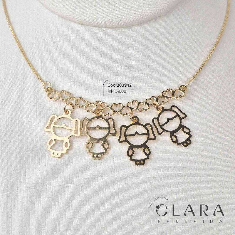 COLAR VENEZIANA C/ CANGA CORAÇÕES LISA C/ 4 MENINAS VAZADAS LISAS - PEÇA EXCLUSIVA - 18MM - 45CM - Dourado