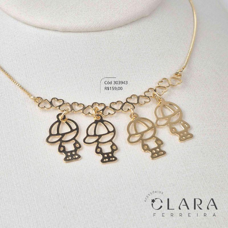 COLAR VENEZIANA C/ CANGA CORAÇÕES LISA C/ 4 MENINOS VAZADOS LISOS - PEÇA EXCLUSIVA - 18MM - 45CM - Dourado