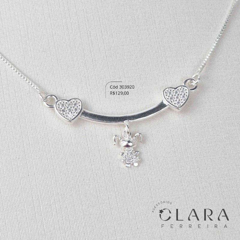 COLAR VENEZIANA C/ CANGA PONTAS CORAÇÕES MICROZIRCÔNIAS C/ 1 MENINA - 9MM - 45CM - Banho de Prata