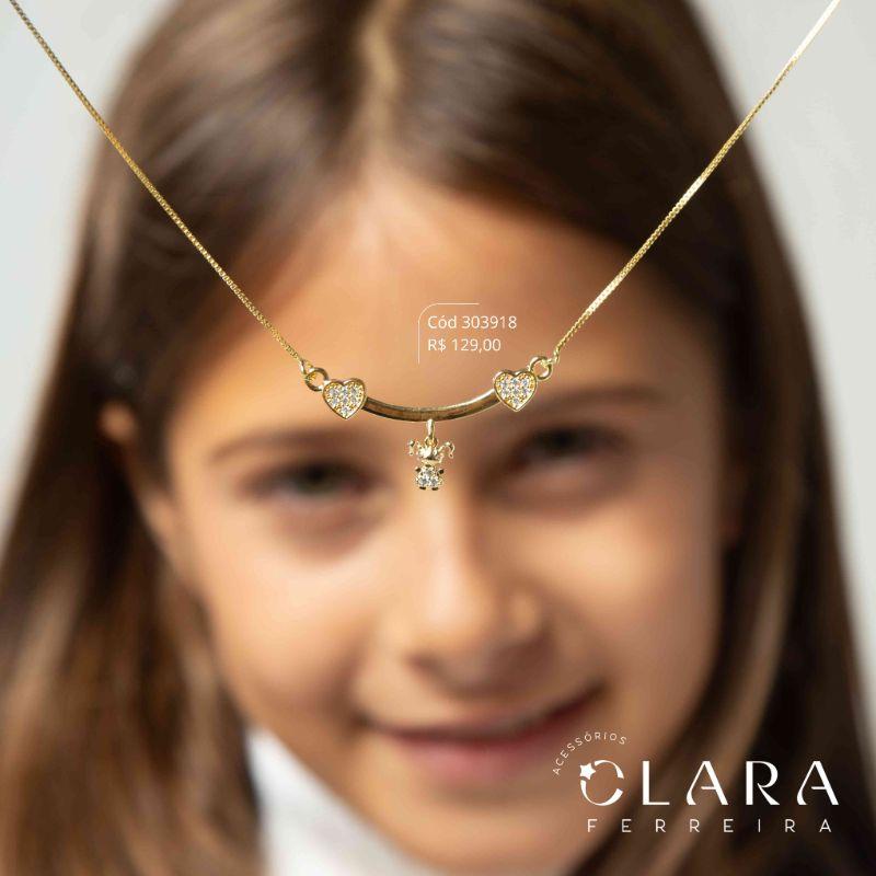 COLAR VENEZIANA C/ CANGA PONTAS CORAÇÕES MICROZIRCÔNIAS C/ 1 MENINA - 9MM - 45CM - Dourado