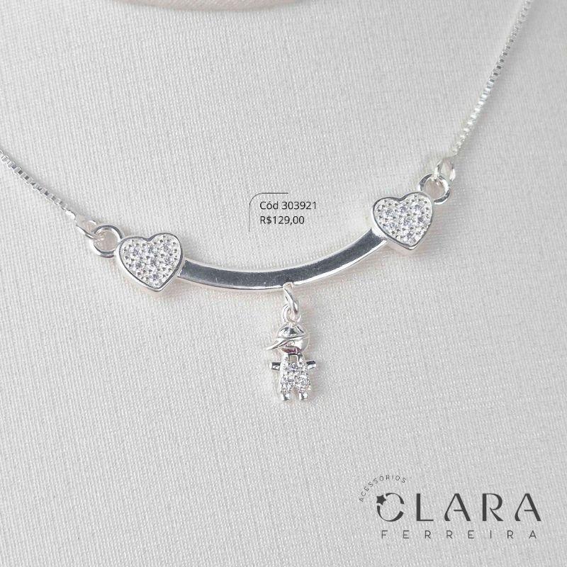 COLAR VENEZIANA C/ CANGA PONTAS CORAÇÕES MICROZIRCÔNIAS C/ 1 MENINO - 9MM - 45CM - Banho de Prata