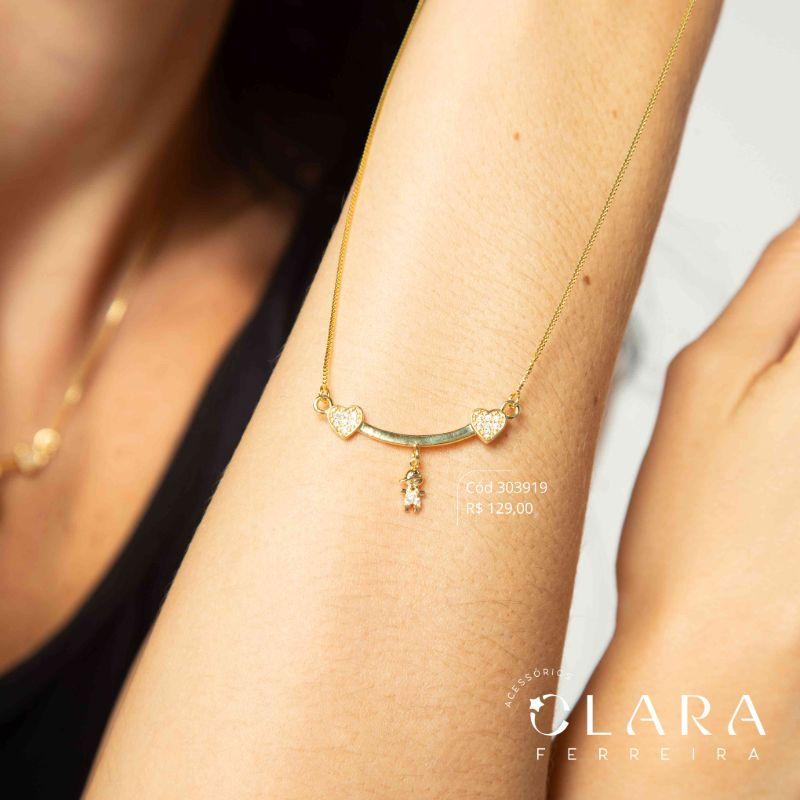 COLAR VENEZIANA C/ CANGA PONTAS CORAÇÕES MICROZIRCÔNIAS C/ 1 MENINO - 9MM - 45CM - Dourado
