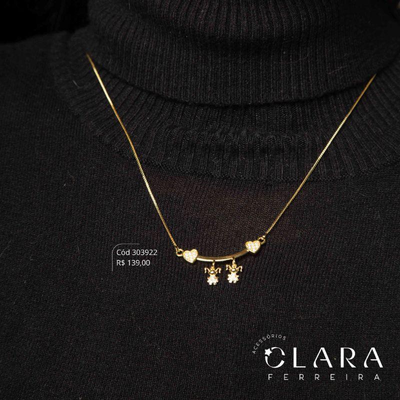 COLAR VENEZIANA C/ CANGA PONTAS CORAÇÕES MICROZIRCÔNIAS C/ 2 MENINAS - 9MM - 45CM - Dourado