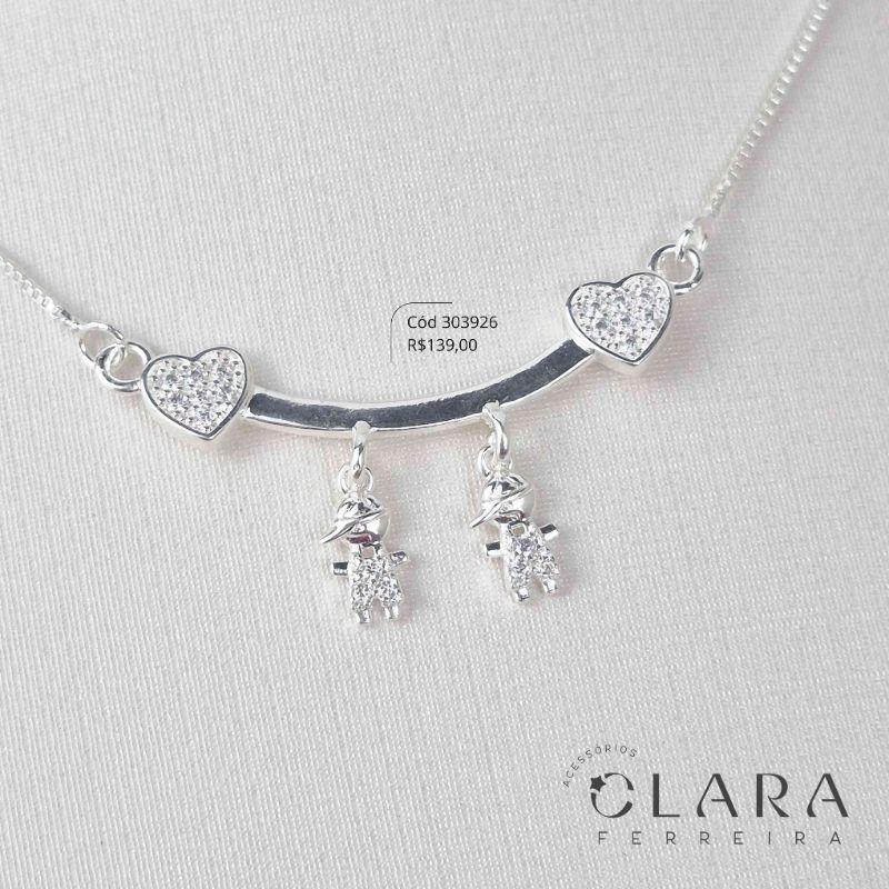 COLAR VENEZIANA C/ CANGA PONTAS CORAÇÕES MICROZIRCÔNIAS C/ 2 MENINOS - 9MM - 45CM - Banho de Prata