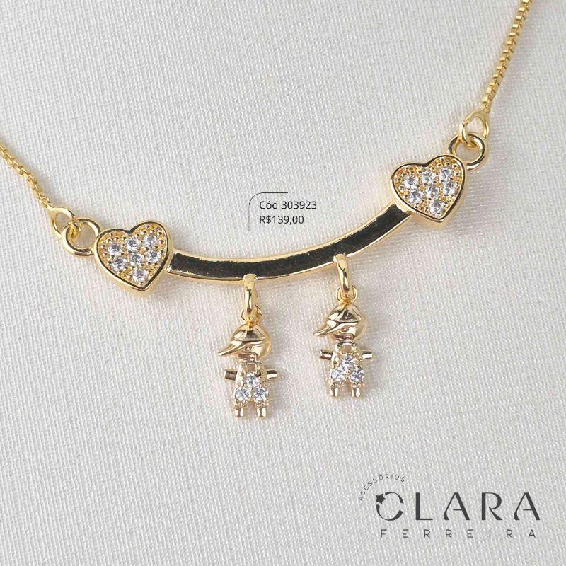 COLAR VENEZIANA C/ CANGA PONTAS CORAÇÕES MICROZIRCÔNIAS C/ 2 MENINOS - 9MM - 45CM - Dourado