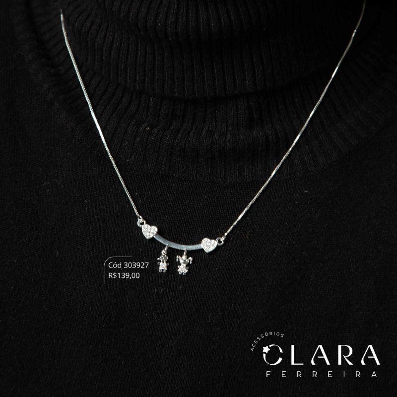 COLAR VENEZIANA C/ CANGA PONTAS CORAÇÕES MICROZIRCÔNIAS C/ CASAL - 9MM - 45CM - Banho de Prata