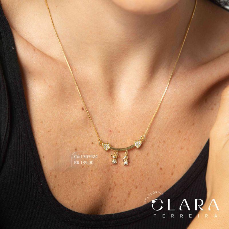 COLAR VENEZIANA C/ CANGA PONTAS CORAÇÕES MICROZIRCÔNIAS C/ CASAL - 9MM - 45CM - Dourado