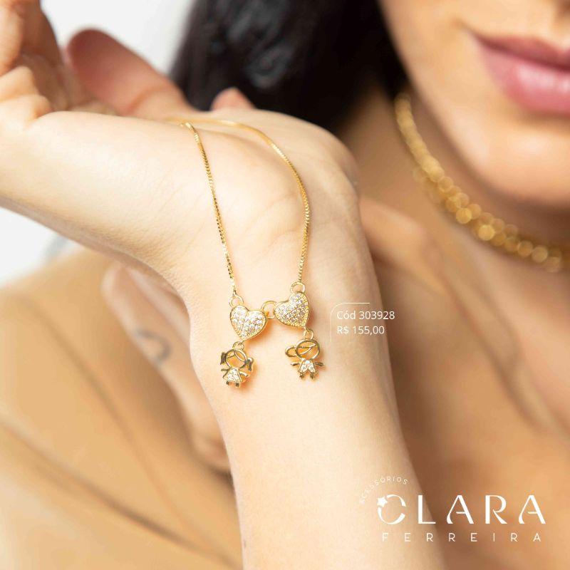 COLAR VENEZIANA C/ PINGENTE 2 CORAÇÕES CHUVEIRINHOS MICROZIRCÔNIAS C/ CASAL C/ ROUPINHA MICROZIRCÔNIAS - 20MM - 45CM - Dourado