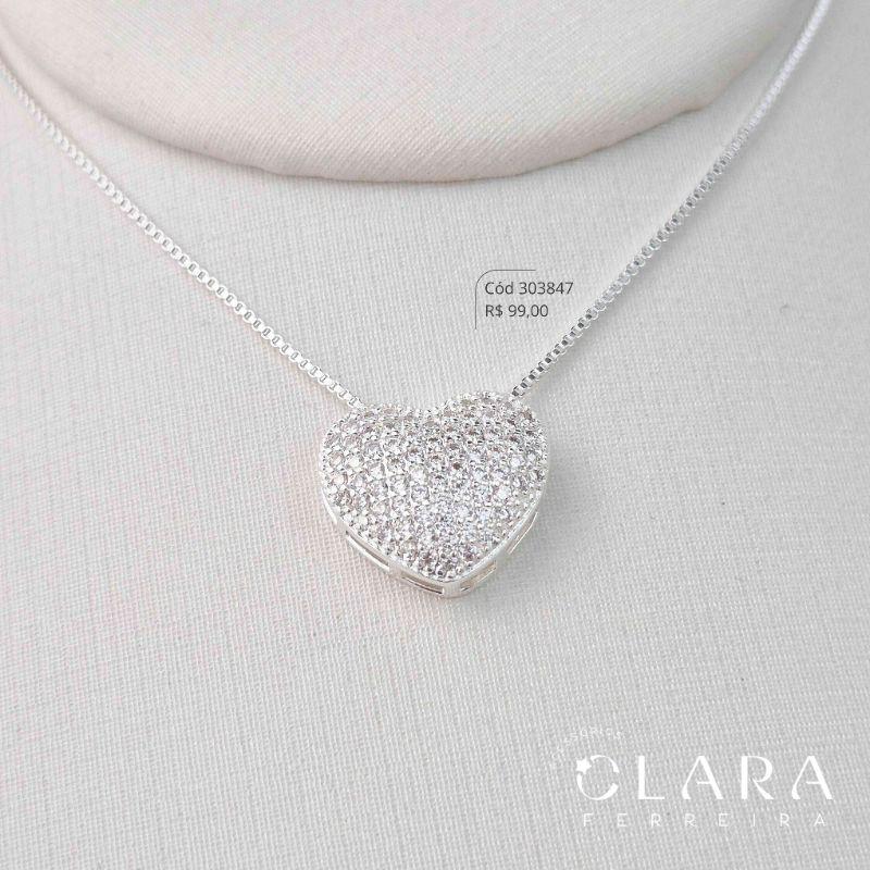 COLAR VENEZIANA C/ PINGENTE CHUVEIRINHO CORAÇÃO MICROZIRCÔNIAS – INSPIRAÇÃO VIVARA - 13MM - 45CM - Banho de Prata