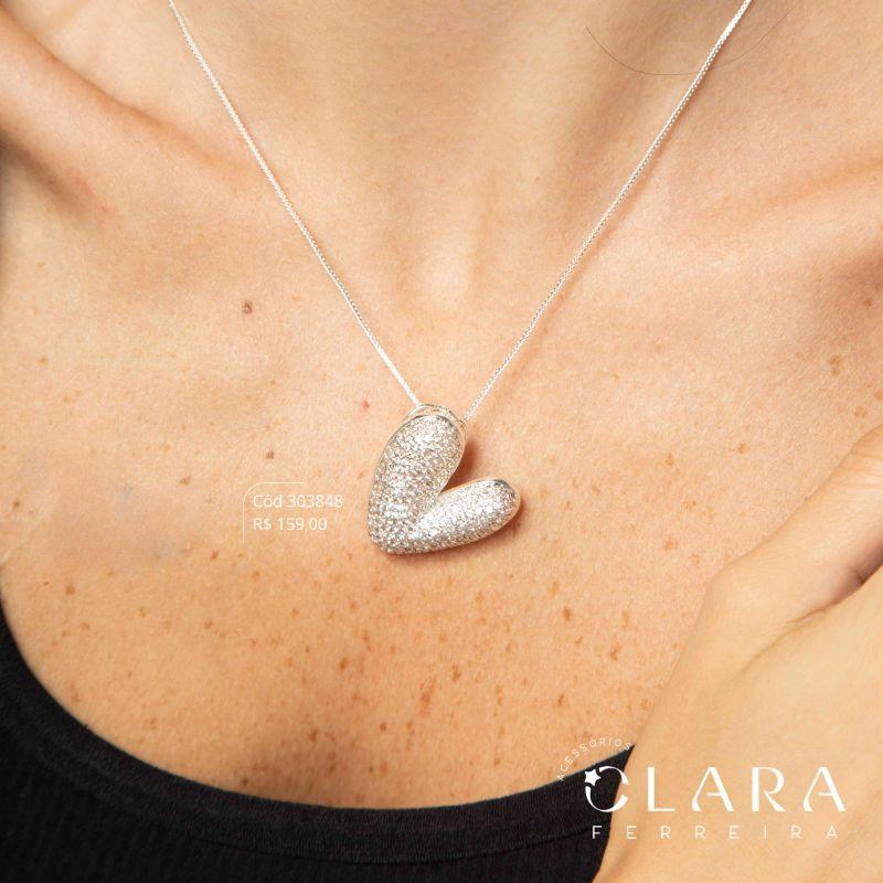 COLAR VENEZIANA C/ PINGENTE CHUVEIRINHO CORAÇÃO MICROZIRCÔNIAS  INSPIRAÇÃO VIVARA - 30MM - 45CM - Banho de Prata