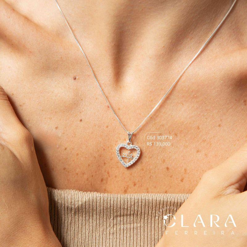 COLAR VENEZIANA C/ PINGENTE MANDALA CORAÇÃO VAZADA C/ FÉ LISO ADORNADO MICROZIRCÔNIAS - 15MM - 45CM - Banho de Prata