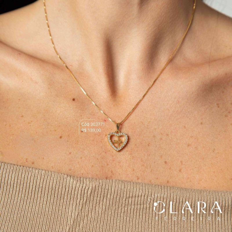 COLAR VENEZIANA C/ PINGENTE MANDALA CORAÇÃO VAZADA C/ FÉ LISO ADORNADO MICROZIRCÔNIAS - 15MM - 45CM - Dourado