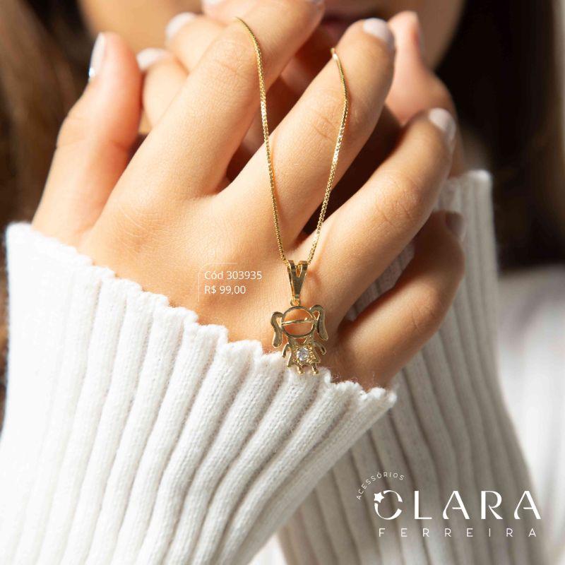 COLAR VENEZIANA C/ PINGENTE MENINA VAZADA LISA C/ 1 MICROZIRCÔNIA  - 17MM - 45CM - Dourado