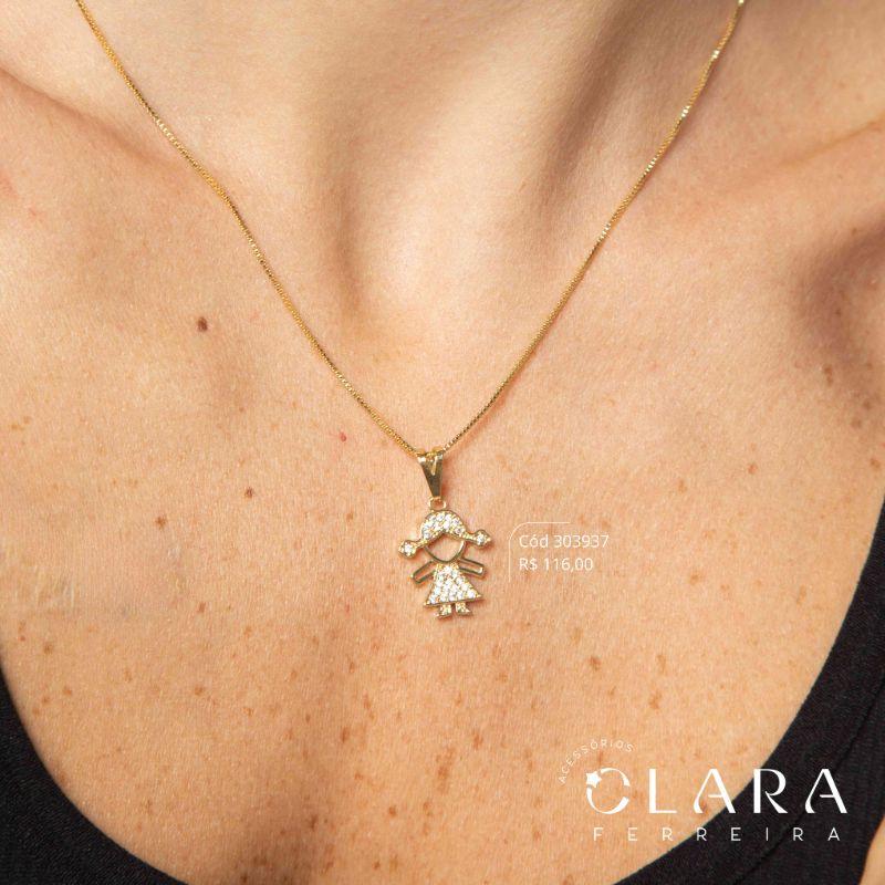 COLAR VENEZIANA C/ PINGENTE MENINA VAZADA MICROZIRCÔNIAS  - 19MM - 45CM - Dourado