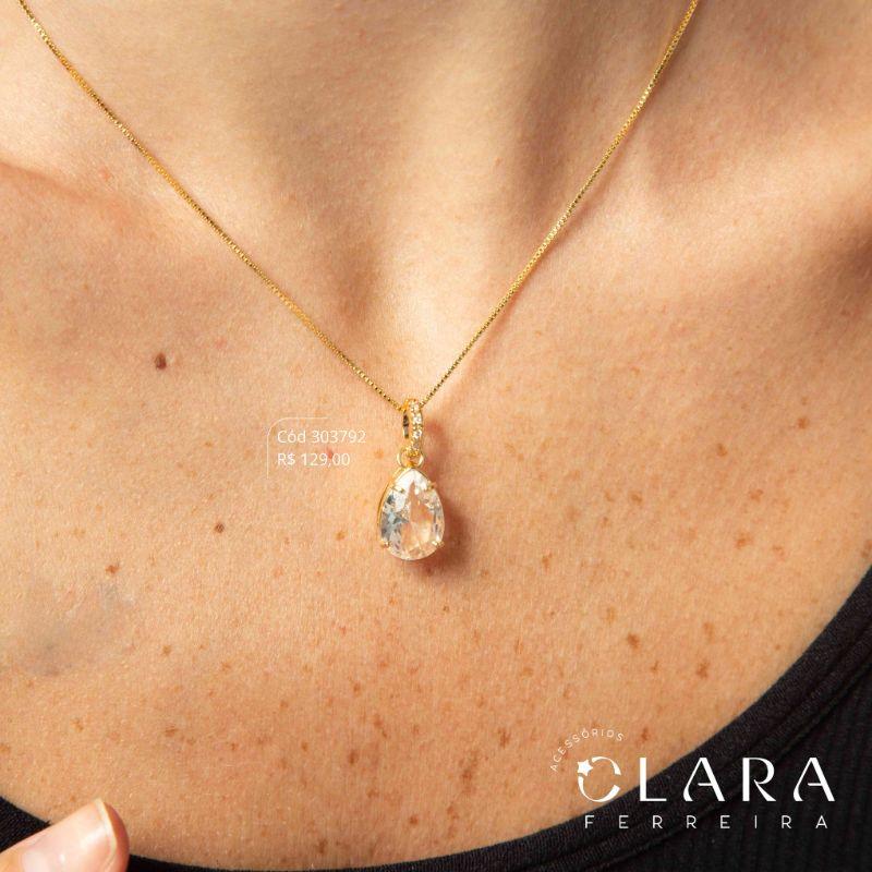 COLAR VENEZIANA C/ PINGENTE ZIRCÔNIA GOTA 14MM C/ CONTRA ARGOLA MICROZIRCÔNIAS - 45CM - Dourado