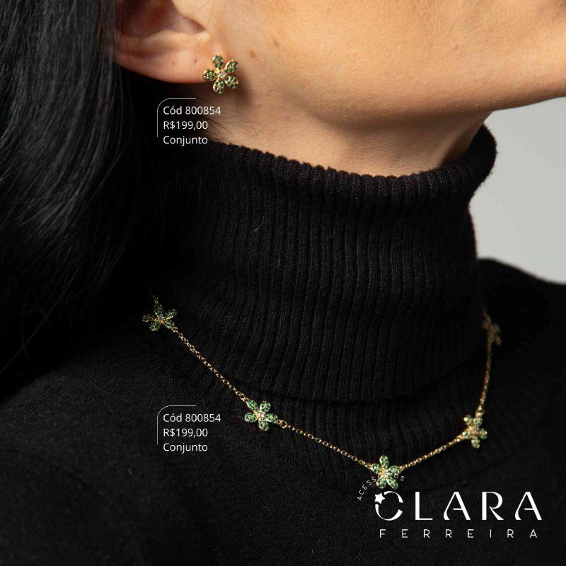 CONJUNTO COLAR ELOS C/ 5 FLORES 5 PETALAS MICROZIRCÔNIAS C/ BRINCO FLOR 5 PETALAS MICROZIRCÔNIAS - 12MM - 45CM - Dourado
