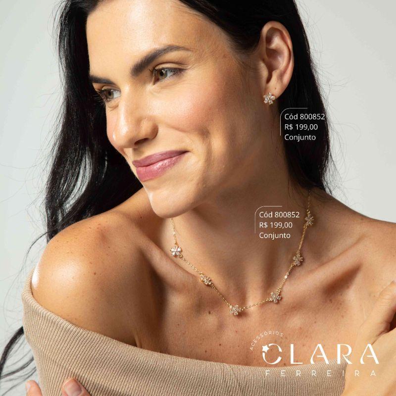 CONJUNTO COLAR ELOS C/ 7 FLORES PETALAS ZIRCÔNIAS GOTA C/ MIOLO ZIRCÔNIA REDONDA E BRINCO FLOR PETALAS ZIRCÔNIAS GOTA C/ MIOLO ZIRCÔNIA REDONDA - 10MM - Dourado