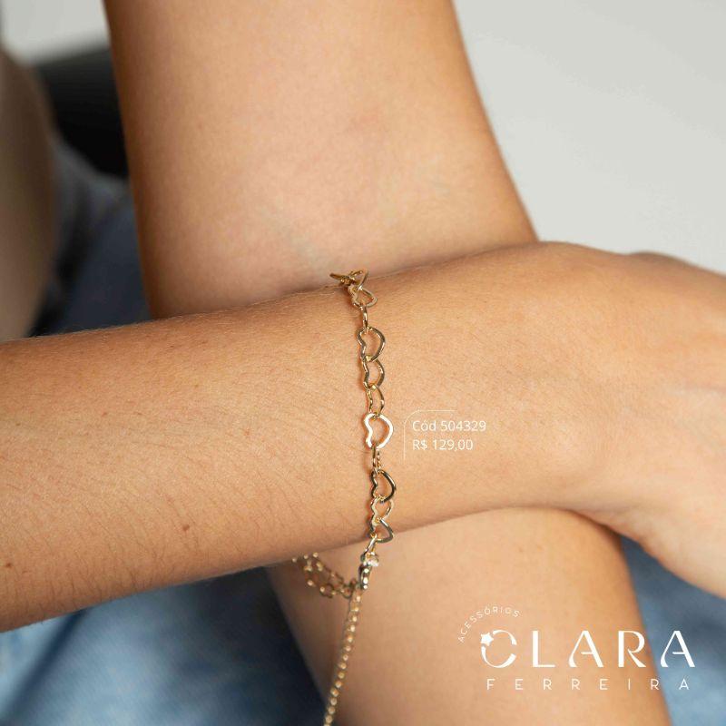 PULSEIRA 2 MALHAS: METADE ELOS CORAÇÕES ENTRELAÇADOS E METADE 2 FIOS ELOS CORAÇÕES ENTRELAÇADOS - 17CM - Dourado