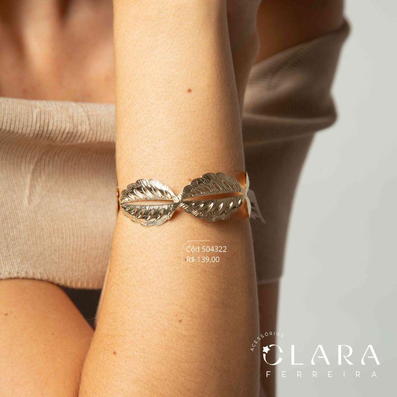 PULSEIRA BRACELETE RÍGIDO FOLHAS RAIADAS VAZADAS – LINHA ORGÂNICOS - Dourado